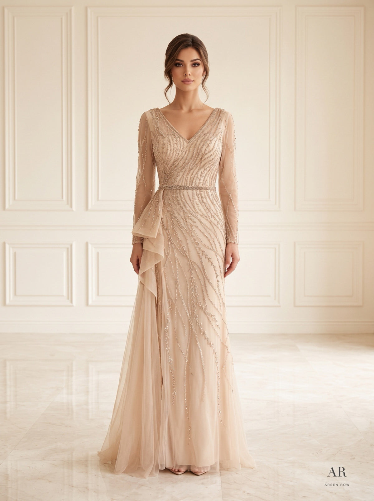 Astrid wavy beaded ruffled sheath evening gown by Areen Row, view 3