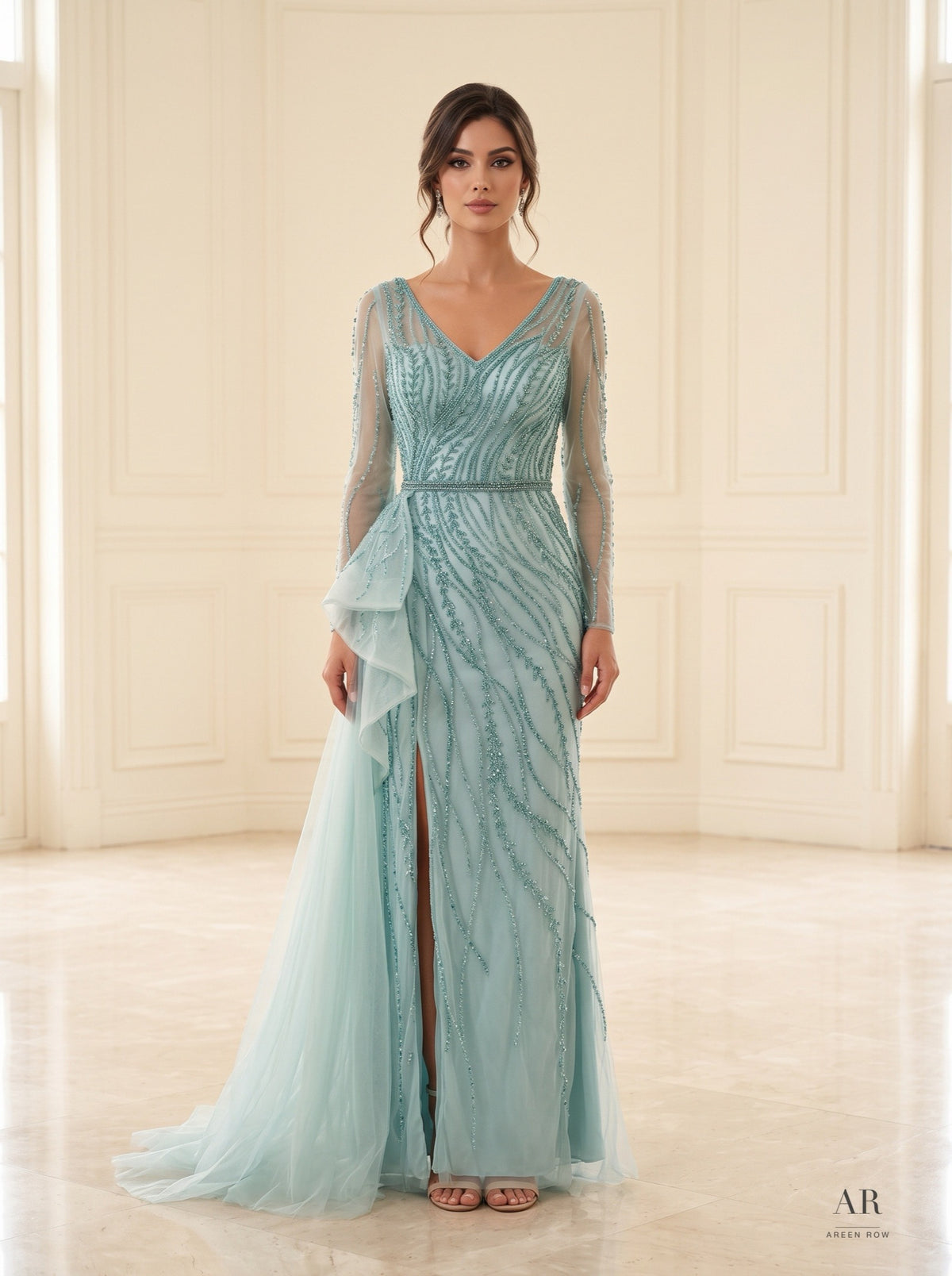 Astrid wavy beaded ruffled sheath evening gown by Areen Row, view 4