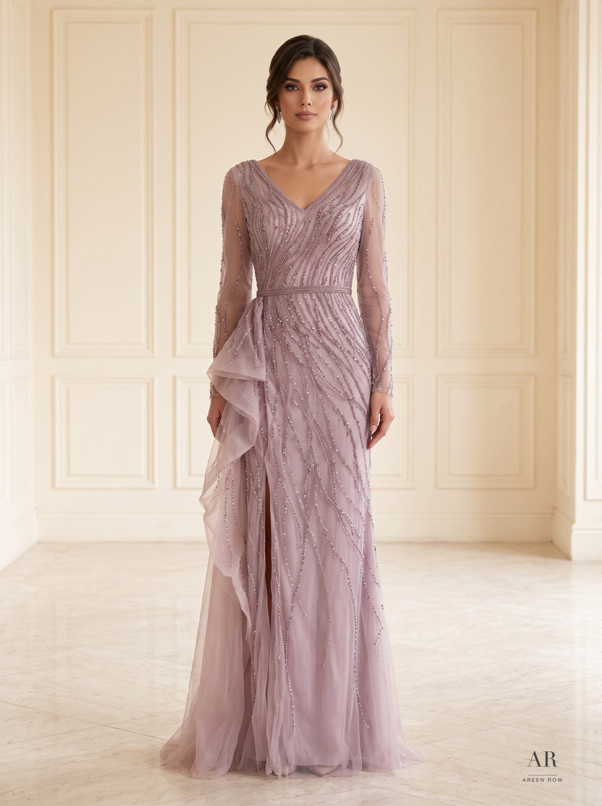 Astrid wavy beaded ruffled sheath evening gown by Areen Row, view 5