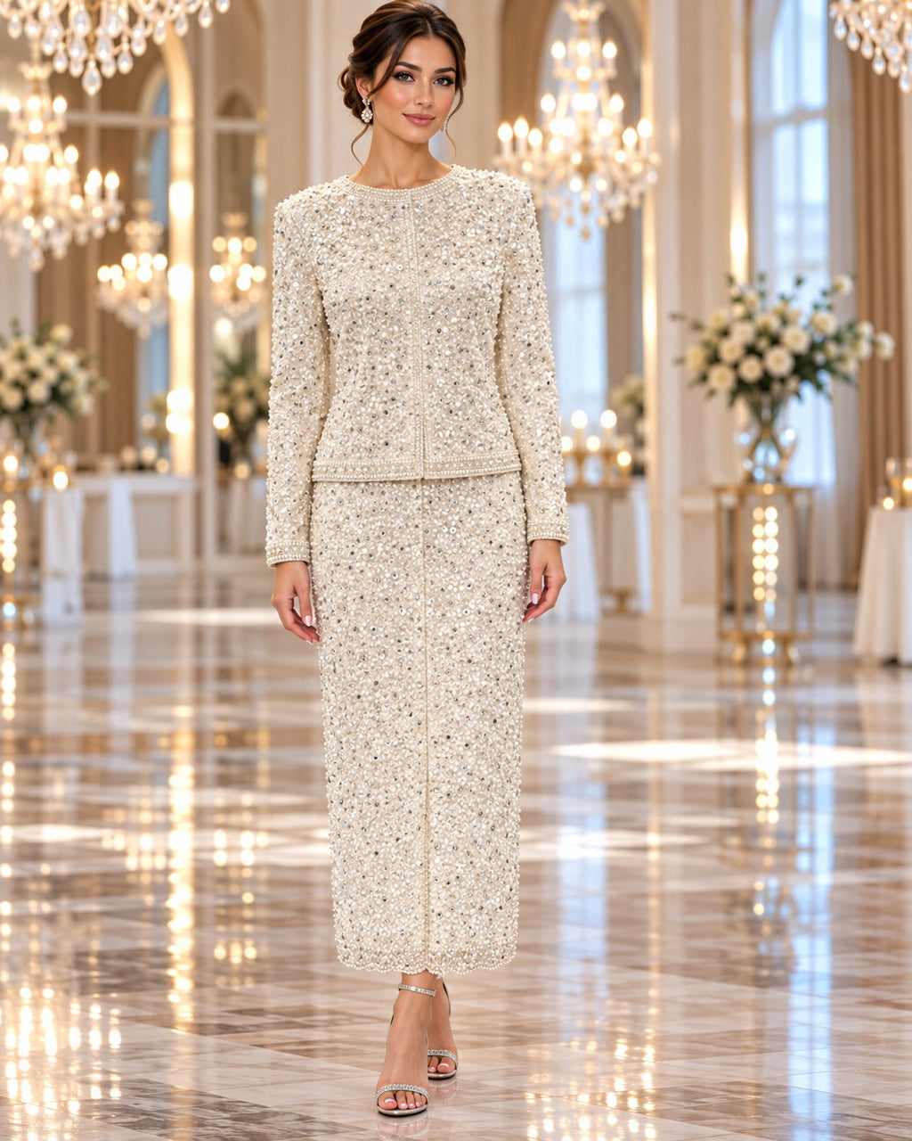 Aurelia Set ivory beaded jacket & skirt two-piece gown by Areen Row, view 4