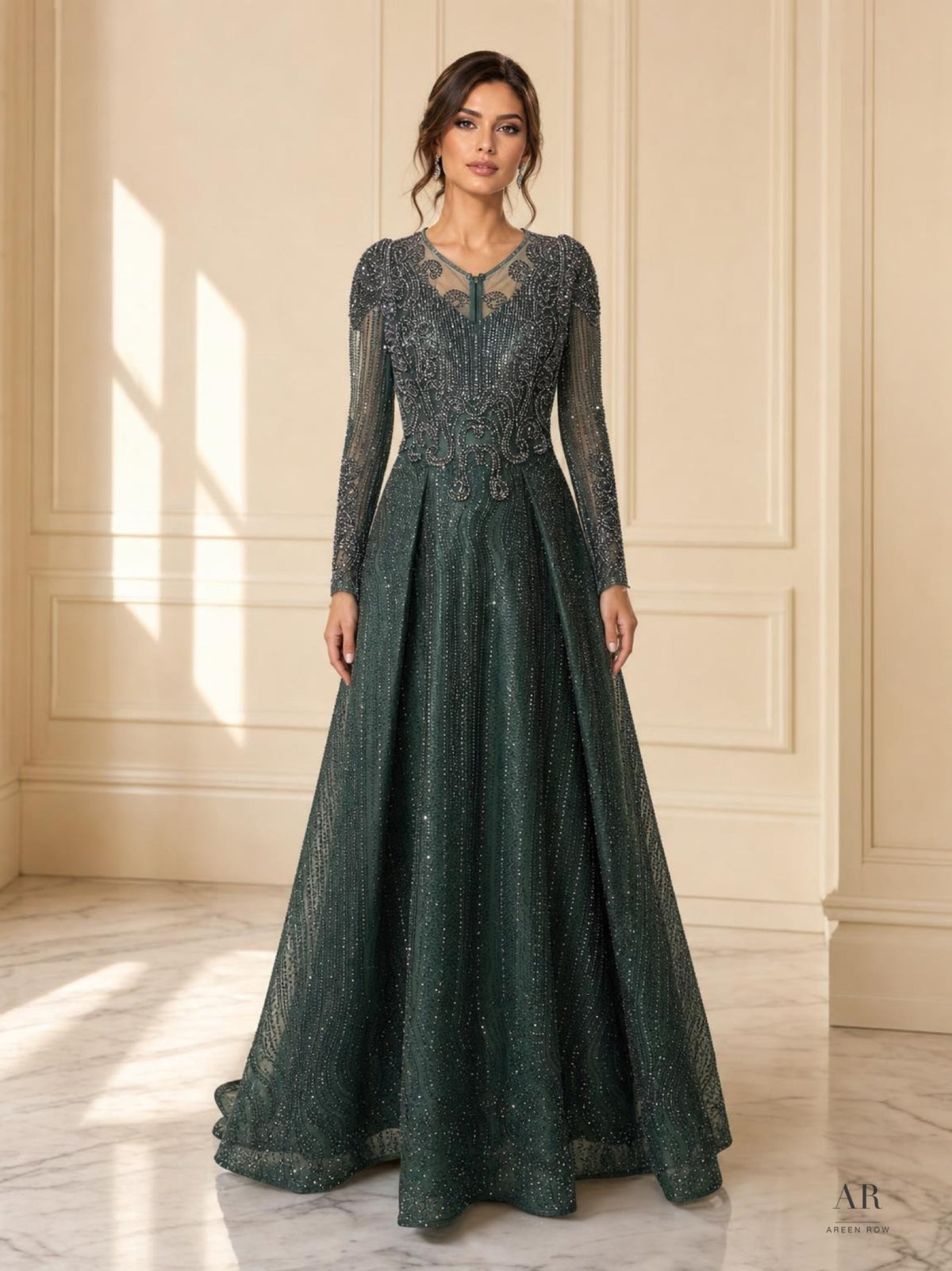 Aurora forest green forest green beaded illusion bodice a-line evening gown by Areen Row