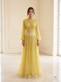 Aveline yellow beaded high-neck balloon-sleeve a-line evening gown by Areen Row
