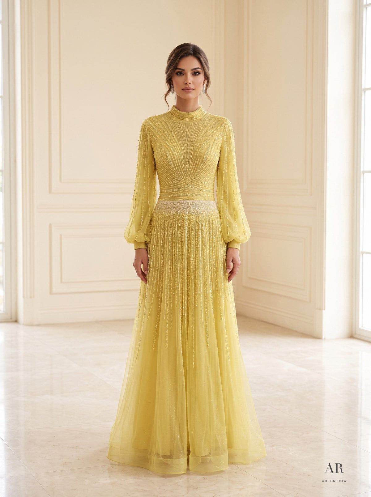 Aveline yellow beaded high-neck balloon-sleeve a-line evening gown by Areen Row