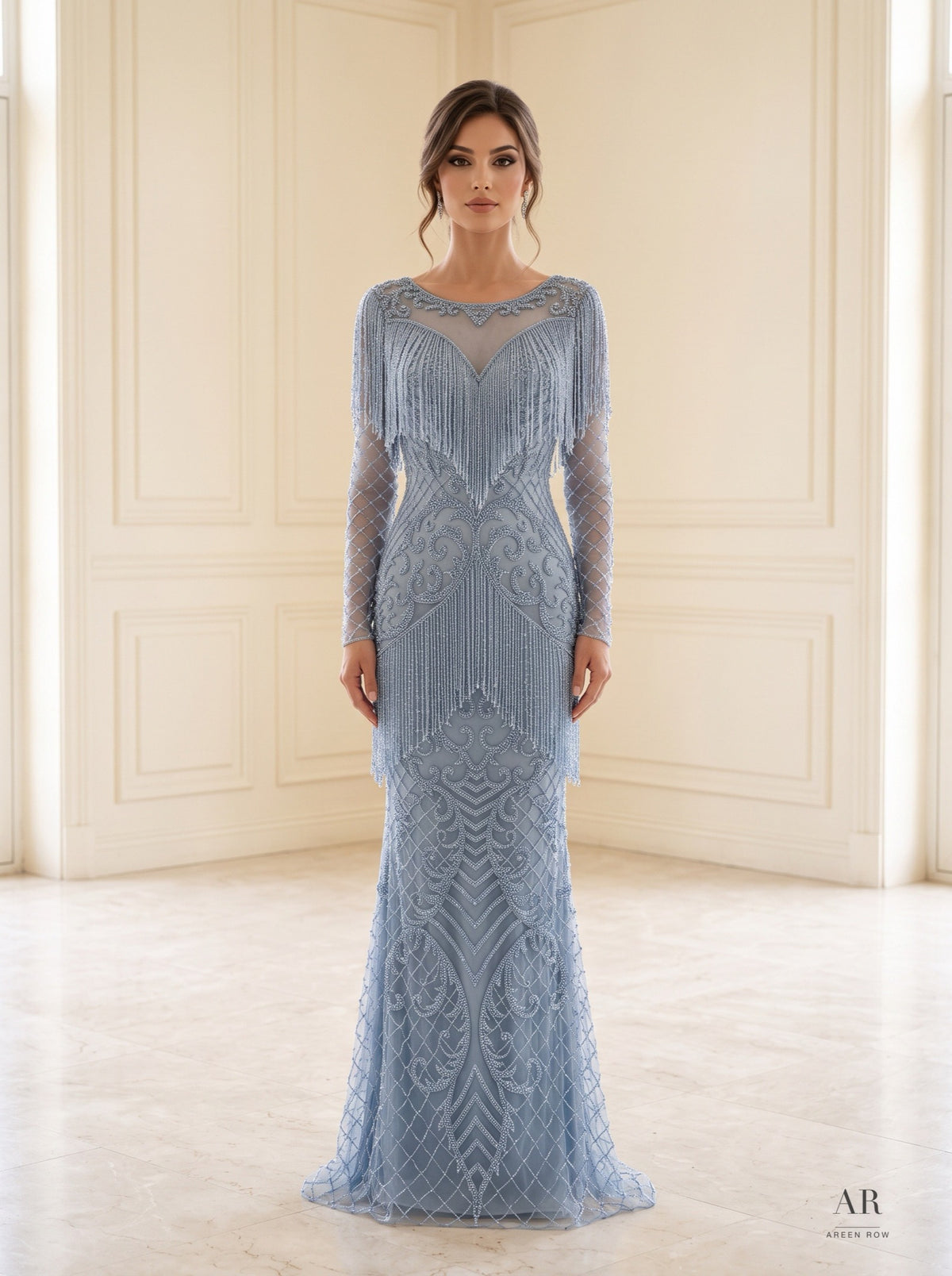 Azalea art deco beaded fringe evening gown by Areen Row, front view