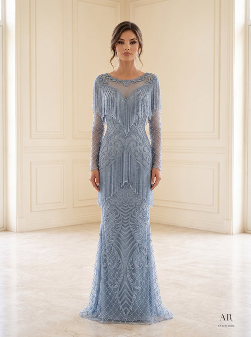 Azalea art deco beaded fringe evening gown by Areen Row, front view