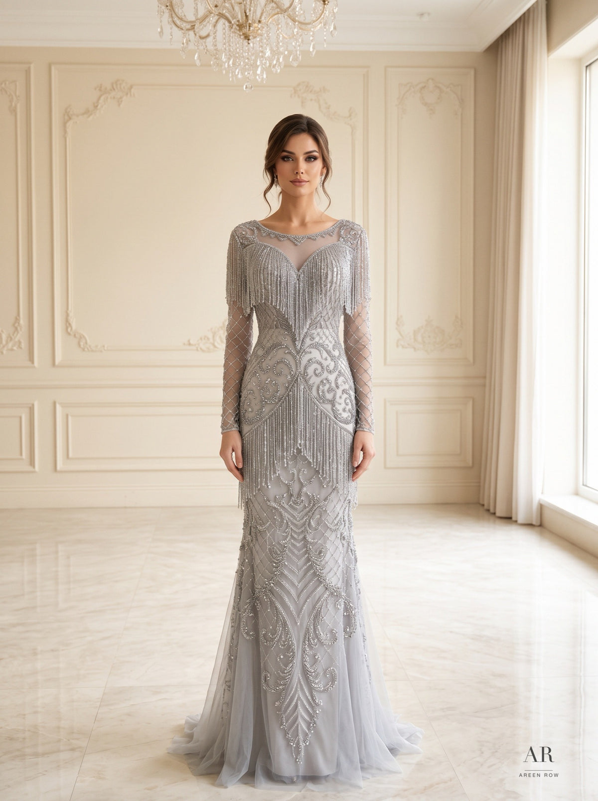 Azalea art deco beaded fringe evening gown by Areen Row, view 3