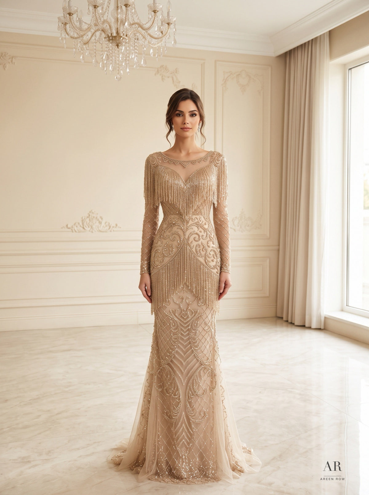 Azalea art deco beaded fringe evening gown by Areen Row, view 4