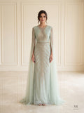 Bahar beaded illusion cape evening gown by Areen Row, front view