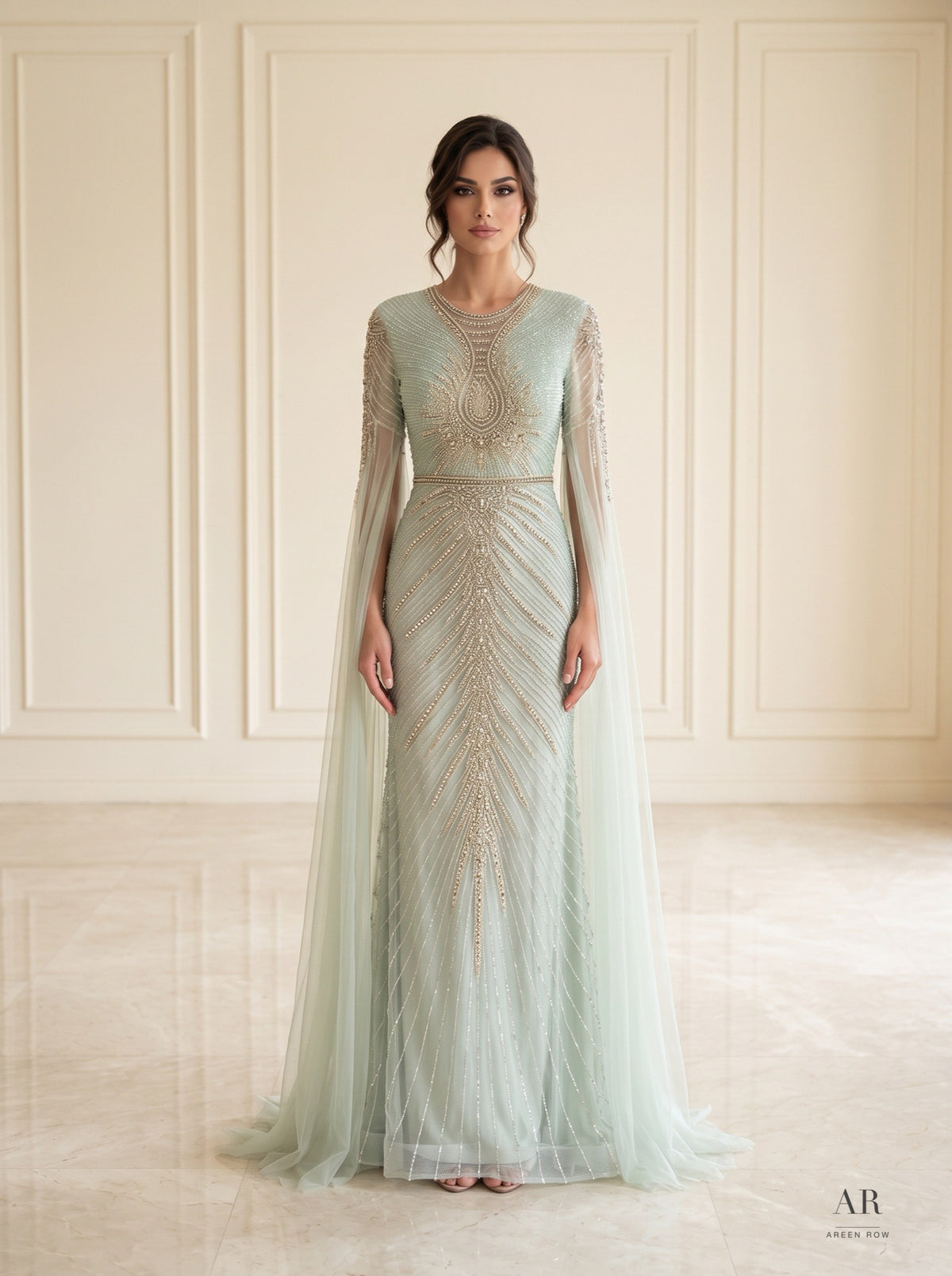 Bahar beaded illusion cape evening gown by Areen Row, front view