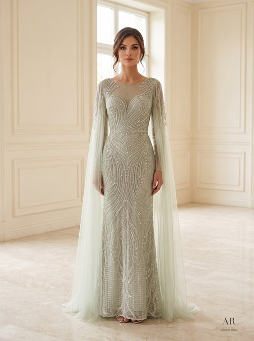 Bahar beaded illusion cape evening gown by Areen Row, detail view