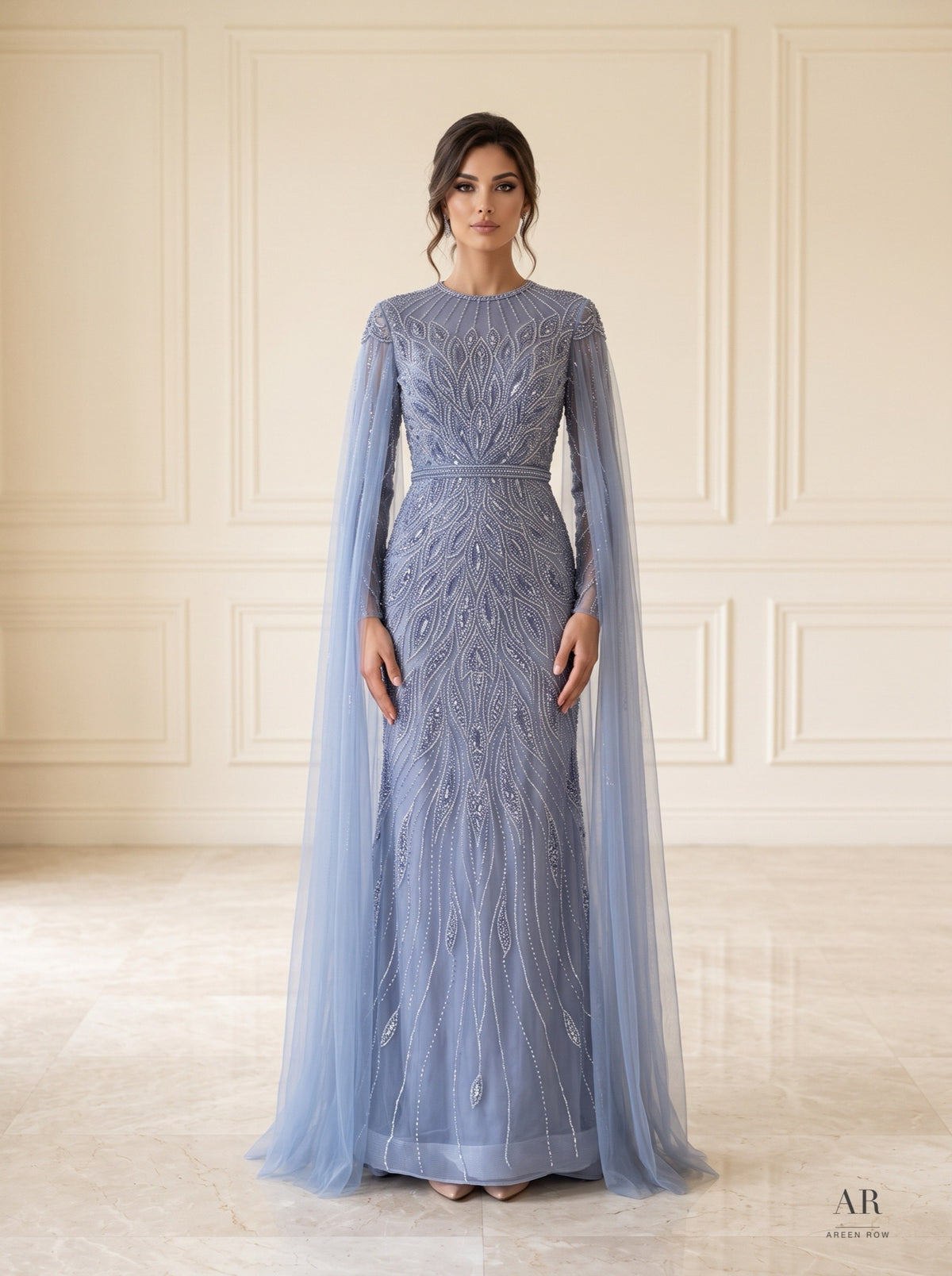 Bahar beaded illusion cape evening gown by Areen Row, view 3