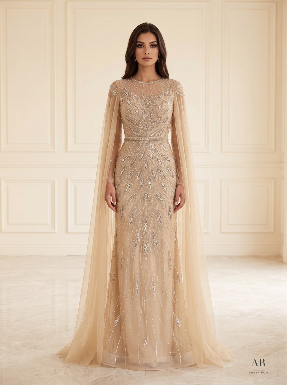 Bahar beaded illusion cape evening gown by Areen Row, view 4