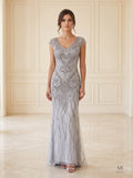 Beatrix beaded cap-sleeve sheath evening gown by Areen Row, front view