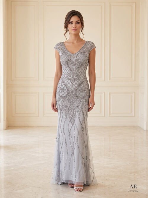 Beatrix beaded cap-sleeve sheath evening gown by Areen Row, front view