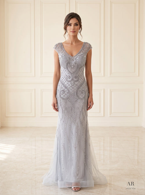 Beatrix beaded cap-sleeve sheath evening gown by Areen Row, detail view