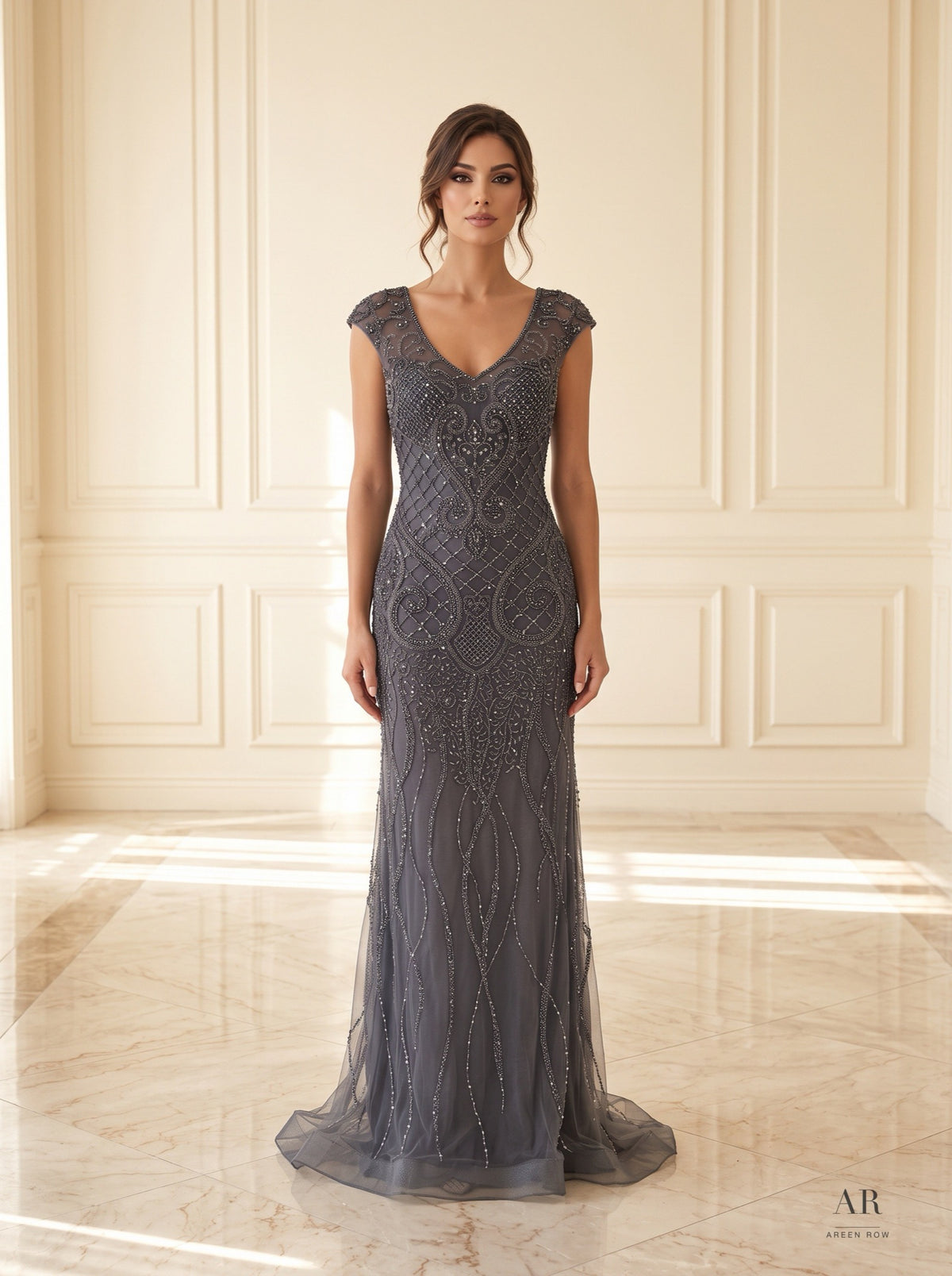 Beatrix beaded cap-sleeve sheath evening gown by Areen Row, view 3