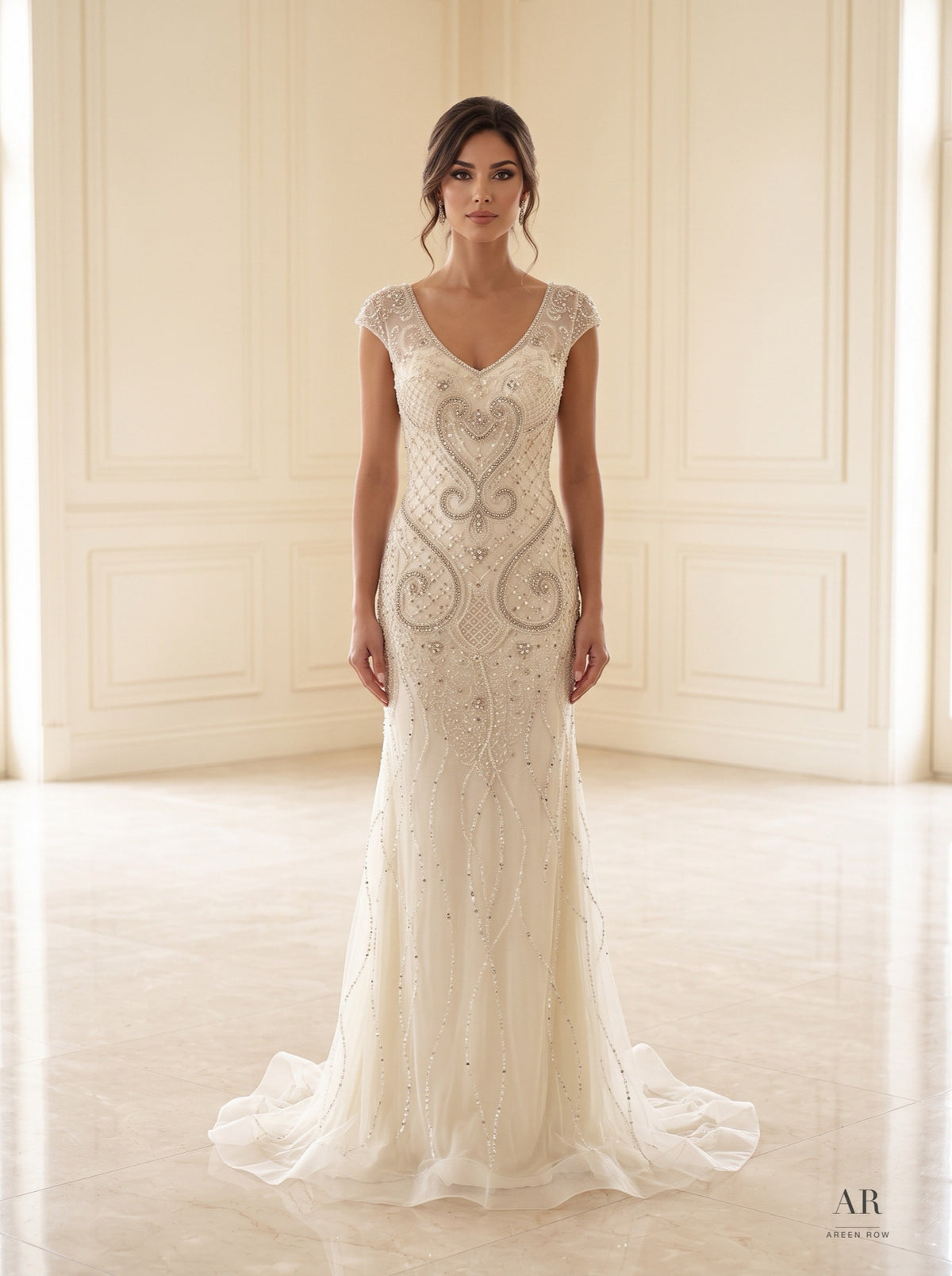 Beatrix beaded cap-sleeve sheath evening gown by Areen Row, view 4