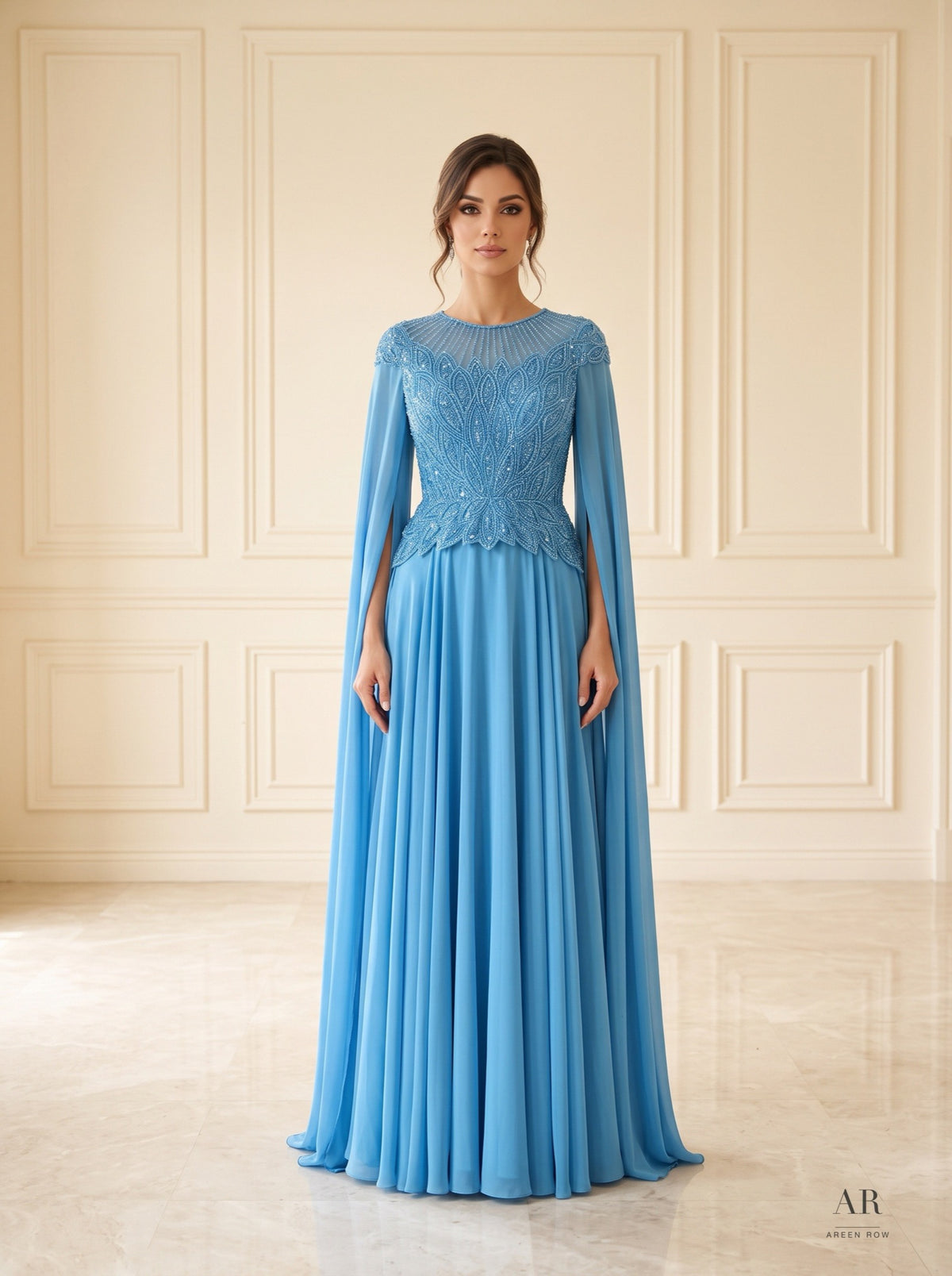 Bellina beaded illusion cape evening gown by Areen Row, front view