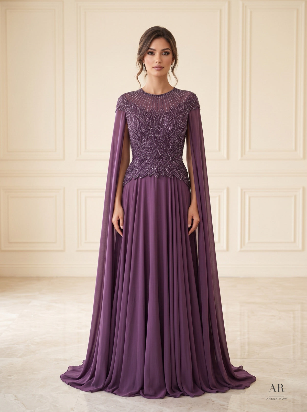 Bellina beaded illusion cape evening gown by Areen Row, detail view