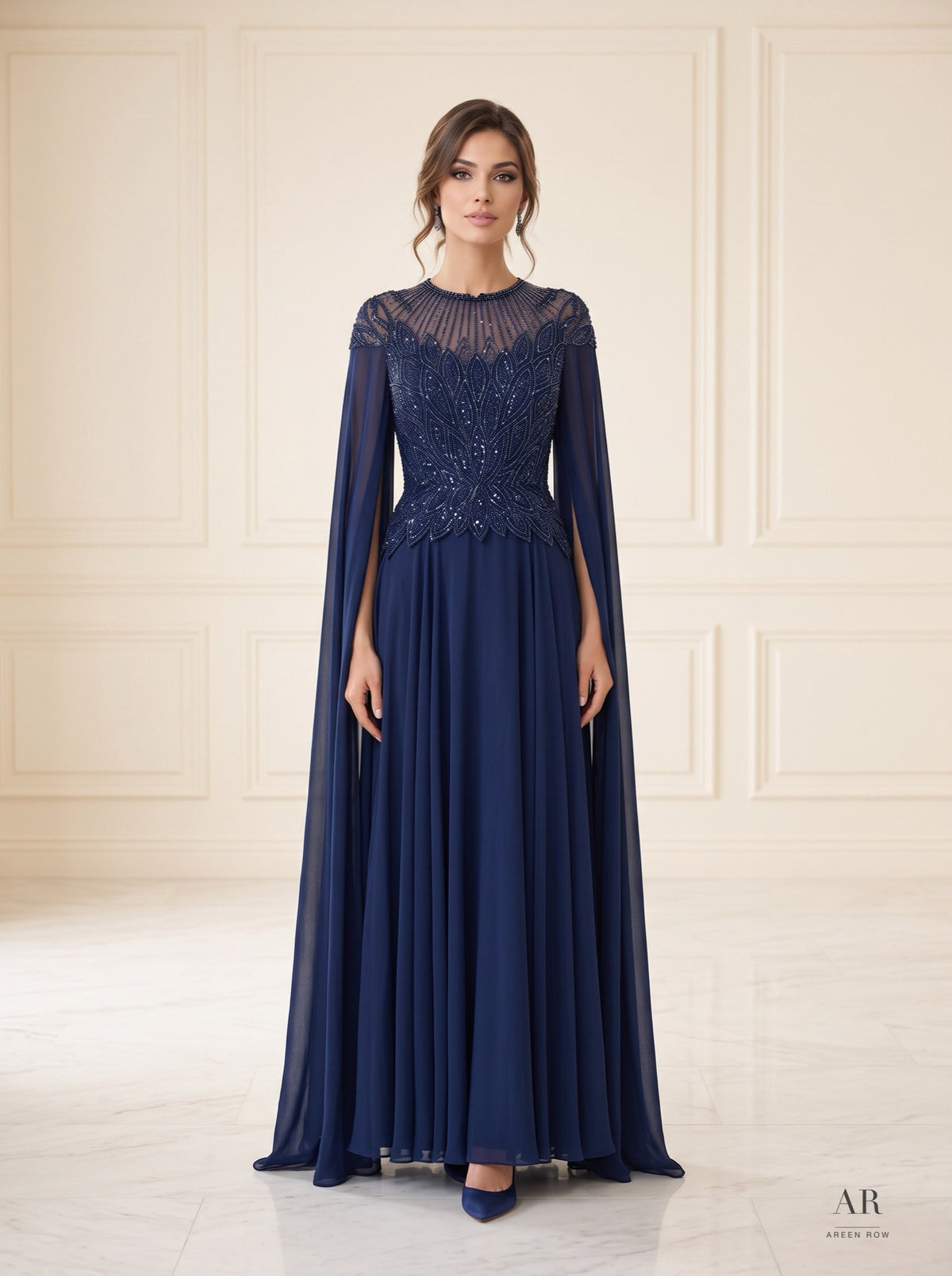 Bellina beaded illusion cape evening gown by Areen Row, view 3