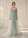 Bettina dusty sage one-shoulder beaded column cape evening gown by Areen Row