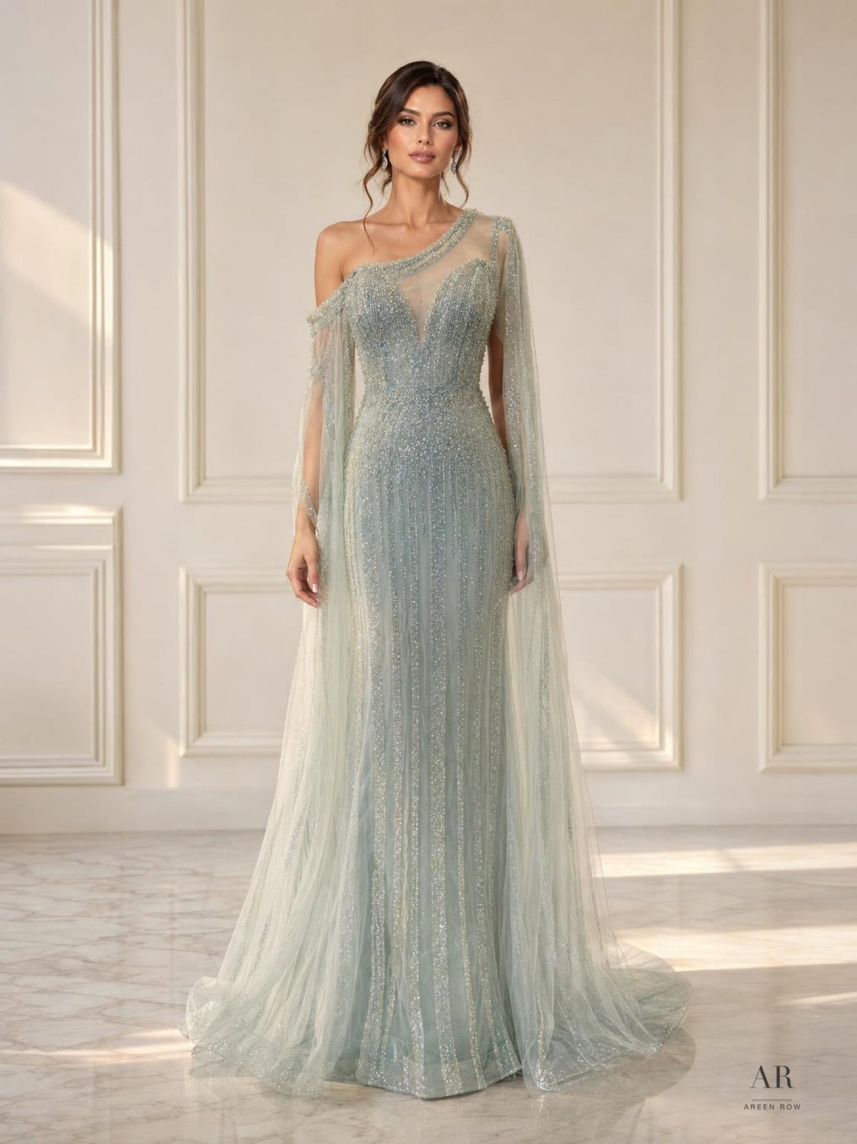 Bettina dusty sage one-shoulder beaded column cape evening gown by Areen Row