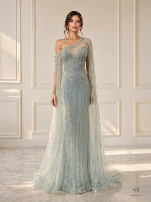 Bettina dusty sage one-shoulder beaded column cape evening gown by Areen Row
