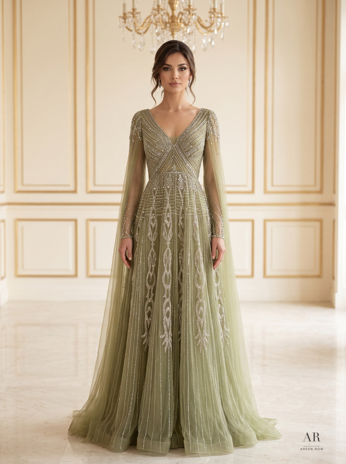 Briar beaded cape-sleeve a-line evening gown by Areen Row, front view