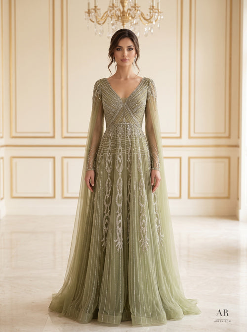 Briar beaded cape-sleeve a-line evening gown by Areen Row, front view