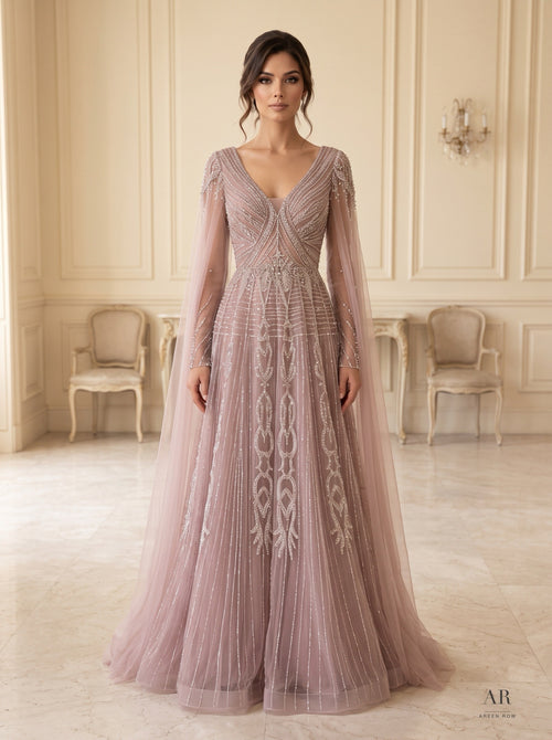 Briar beaded cape-sleeve a-line evening gown by Areen Row, detail view
