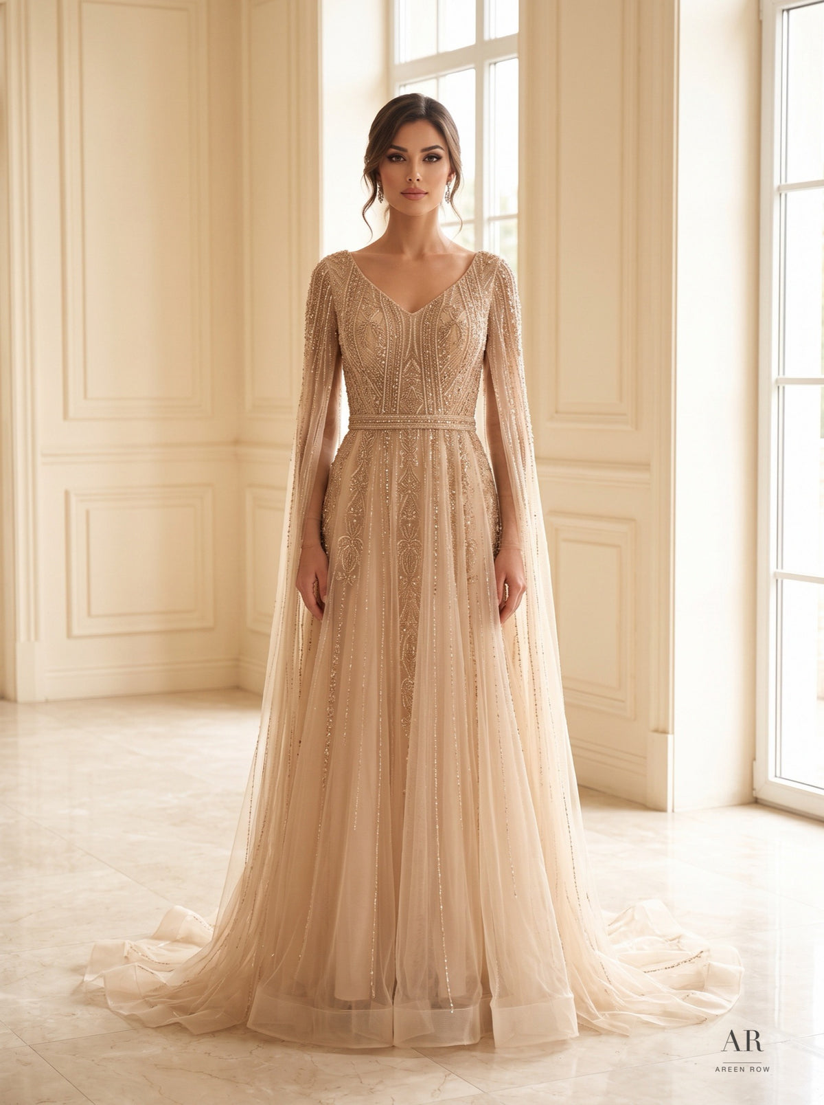 Briar beaded cape-sleeve a-line evening gown by Areen Row, view 3