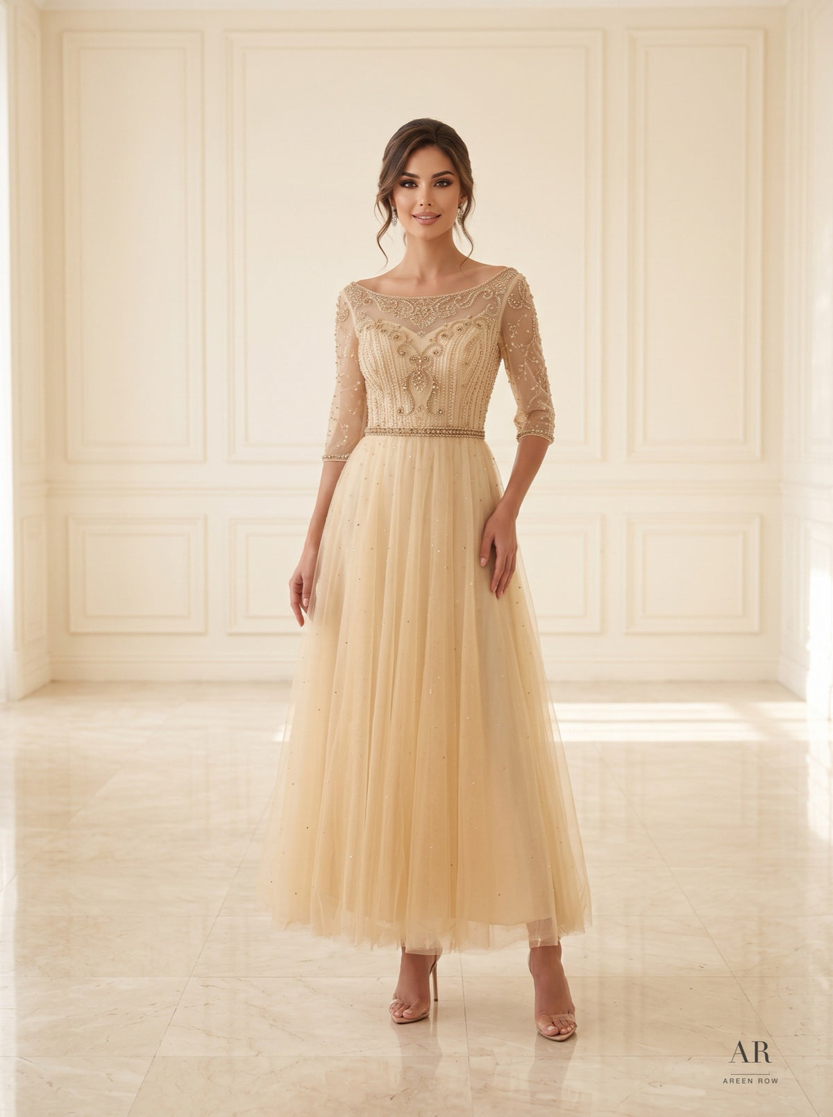 Brielle Dress champagne beaded tulle a-line midi cocktail dress by Areen Row