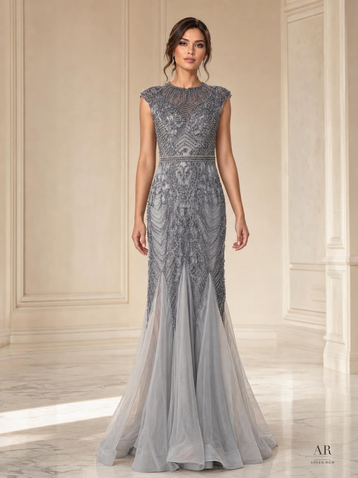 Calista gray beaded cap-sleeve mermaid evening gown by Areen Row