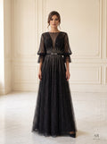 Calla beaded illusion a-line evening gown by Areen Row, front view