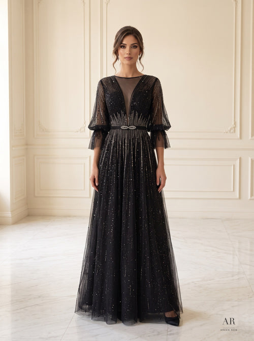 Calla beaded illusion a-line evening gown by Areen Row, front view