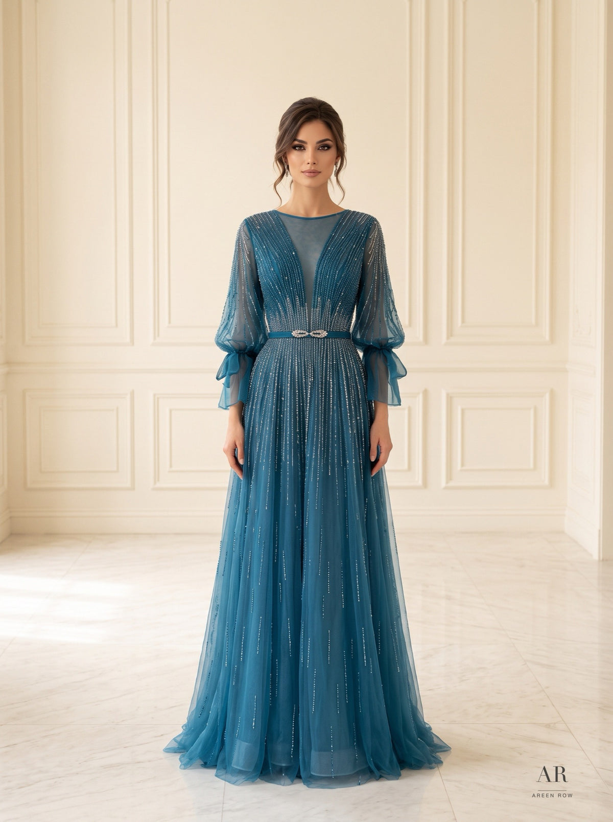 Calla beaded illusion a-line evening gown by Areen Row, detail view