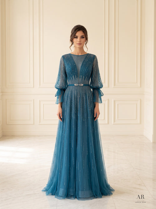Calla beaded illusion a-line evening gown by Areen Row, detail view
