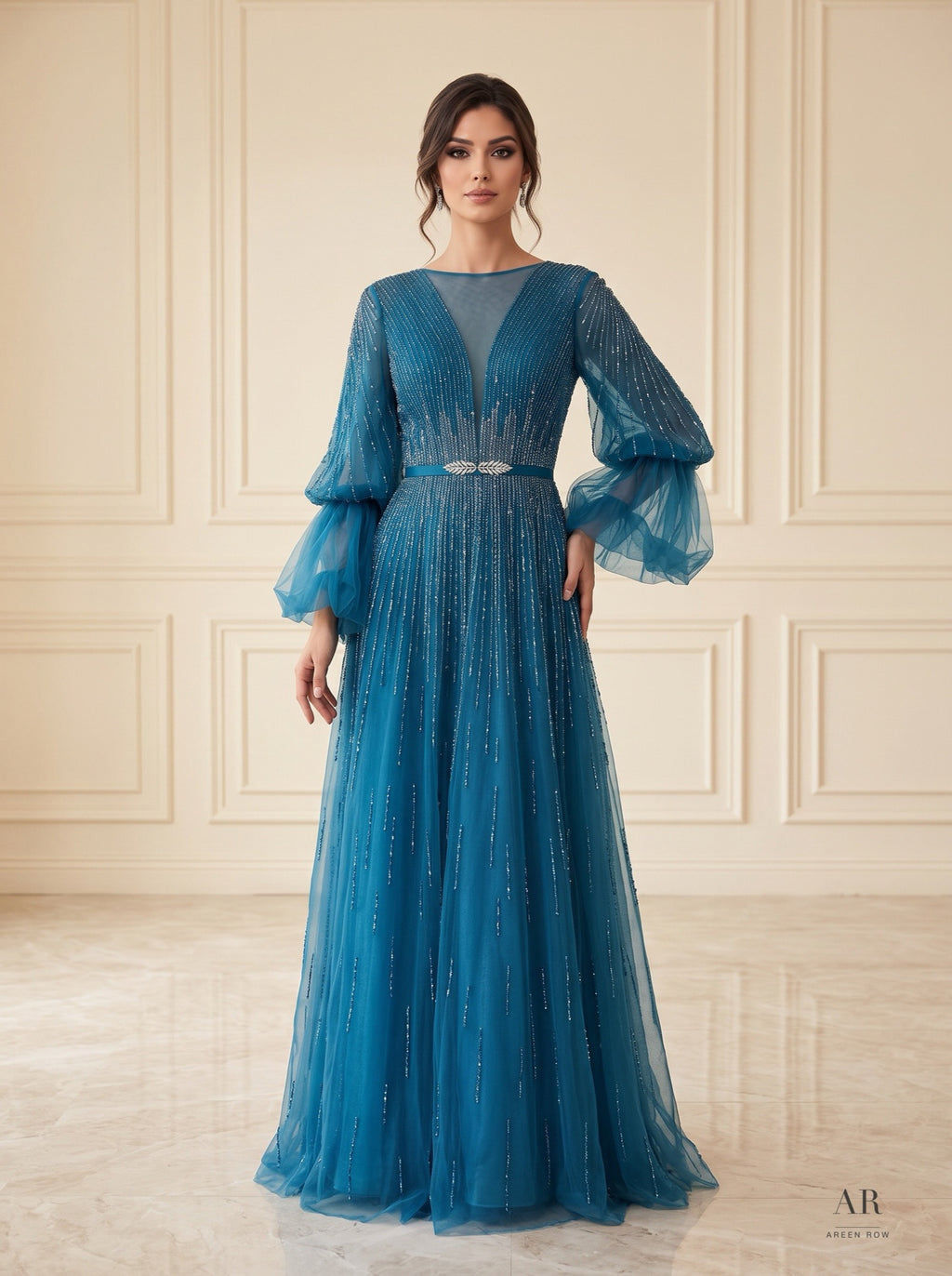 Calla beaded illusion a-line evening gown by Areen Row, view 3