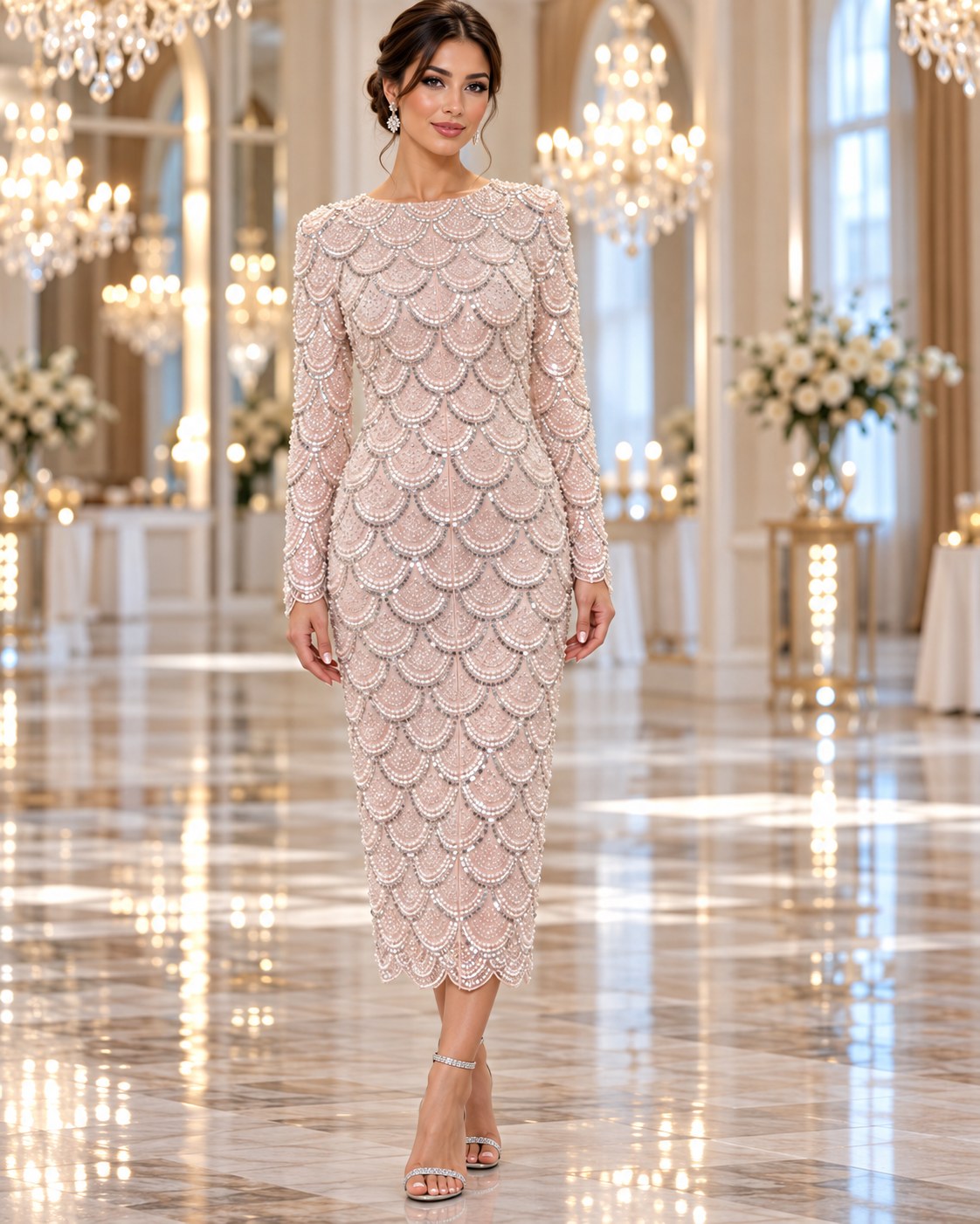 Camille Dress blush scallop sequin midi cocktail dress by Areen Row, view 4