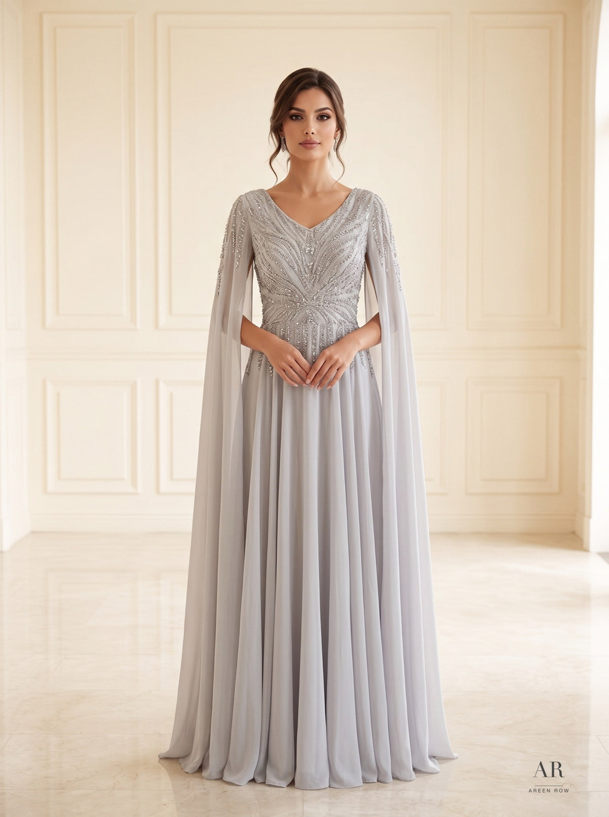 Caprice beaded v-neck chiffon cape evening gown by Areen Row, detail view