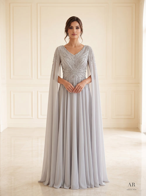 Caprice beaded v-neck chiffon cape evening gown by Areen Row, detail view