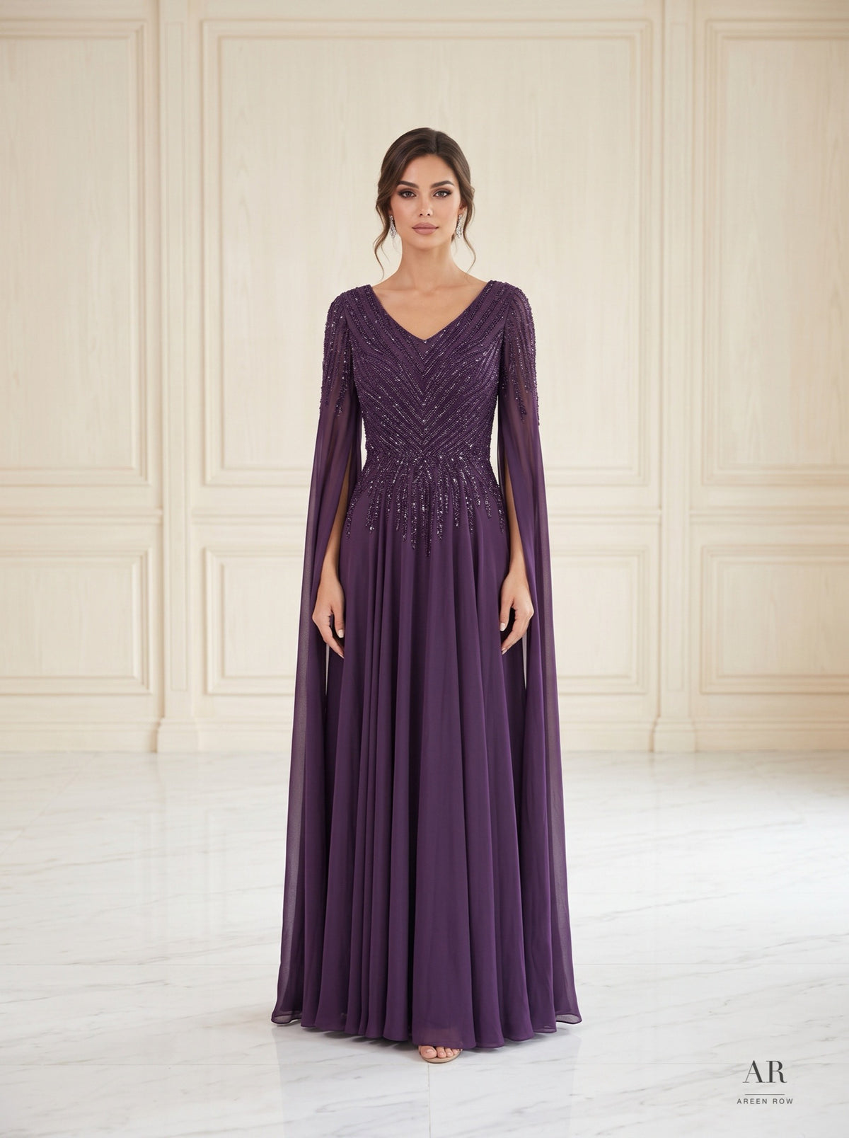 Caprice beaded v-neck chiffon cape evening gown by Areen Row, view 3