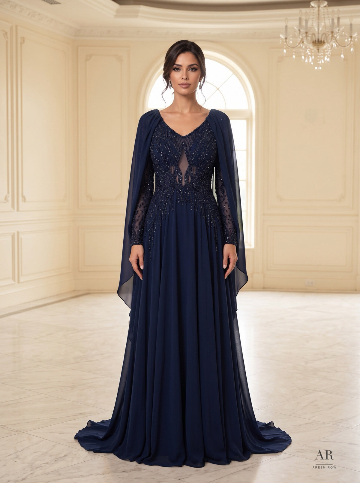 Carina beaded cape v-neck a-line evening gown by Areen Row, front view