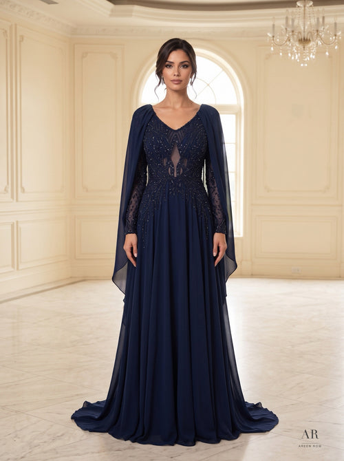 Carina beaded cape v-neck a-line evening gown by Areen Row, front view