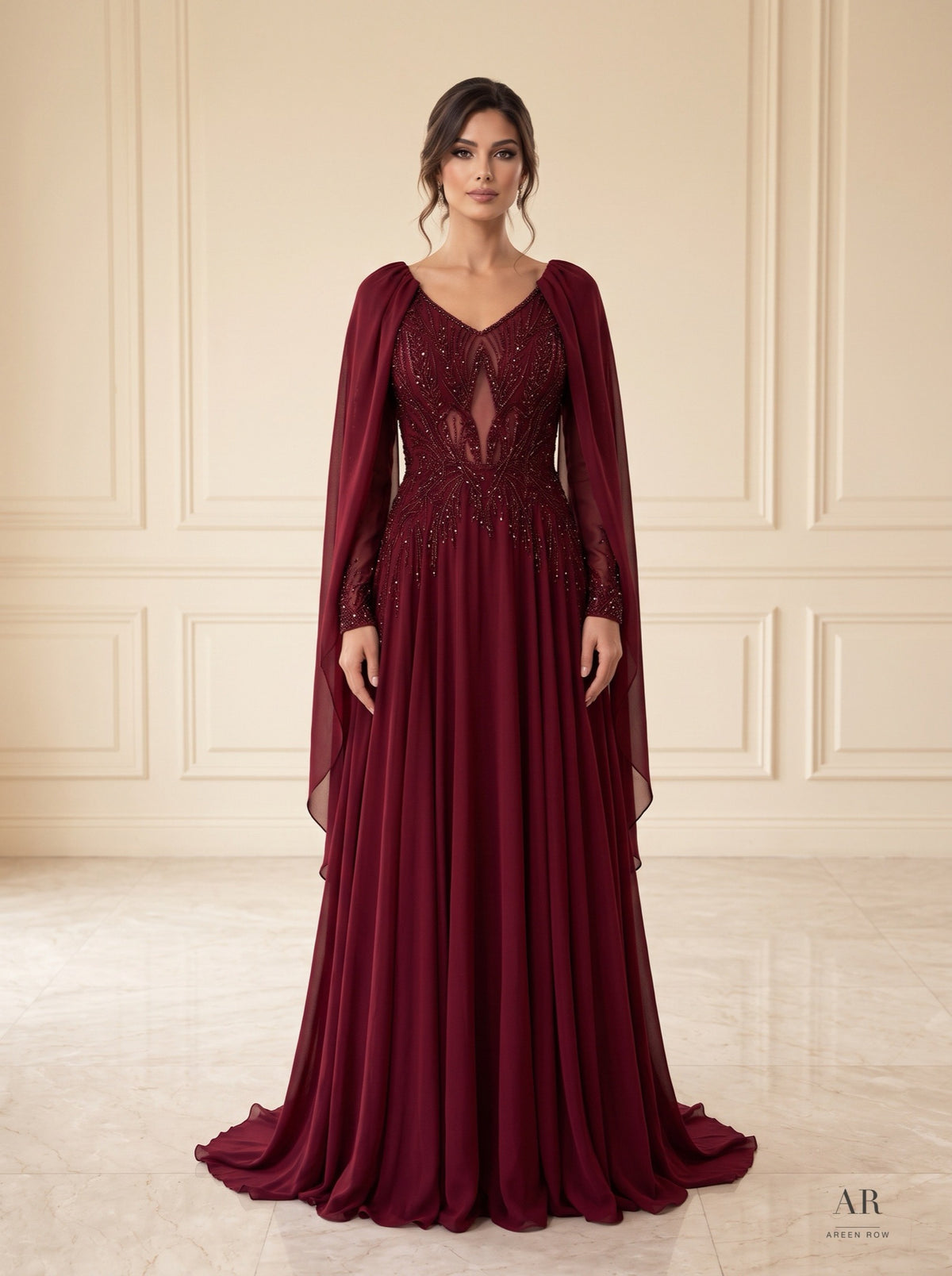 Carina beaded cape v-neck a-line evening gown by Areen Row, detail view