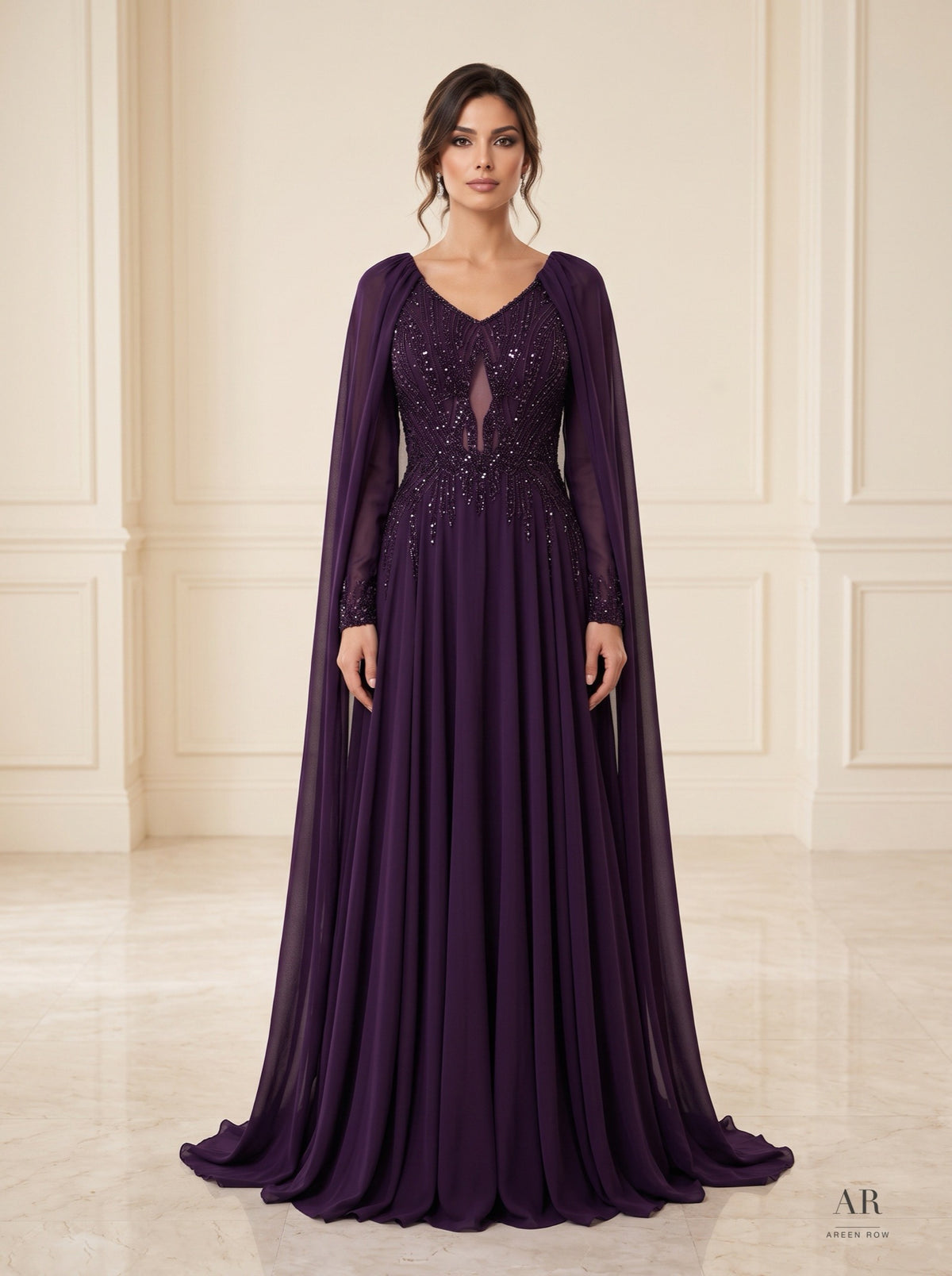 Carina beaded cape v-neck a-line evening gown by Areen Row, view 3