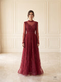 Carmen burgundy embroidered illusion tulle evening gown by Areen Row
