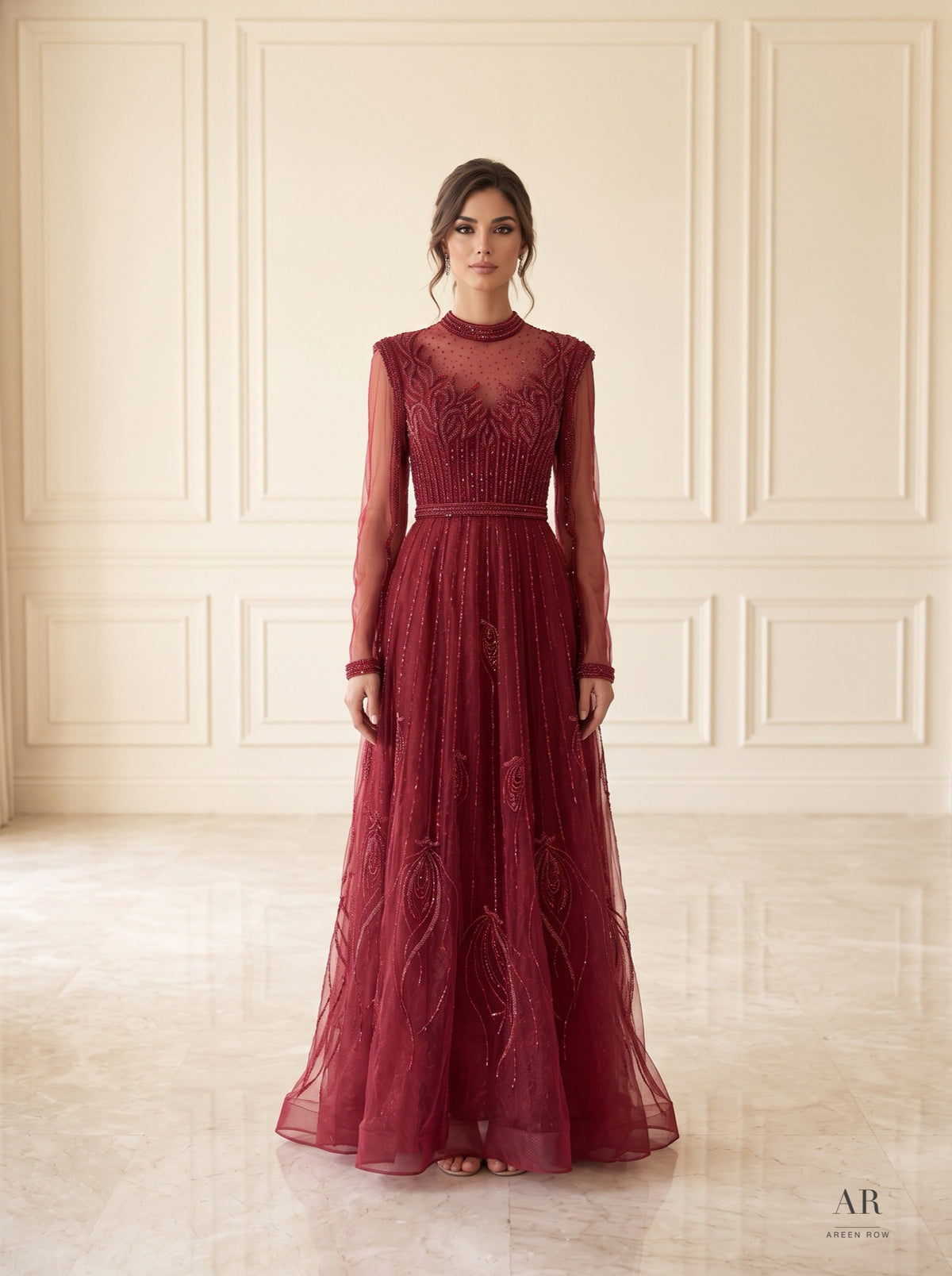 Carmen burgundy embroidered illusion tulle evening gown by Areen Row