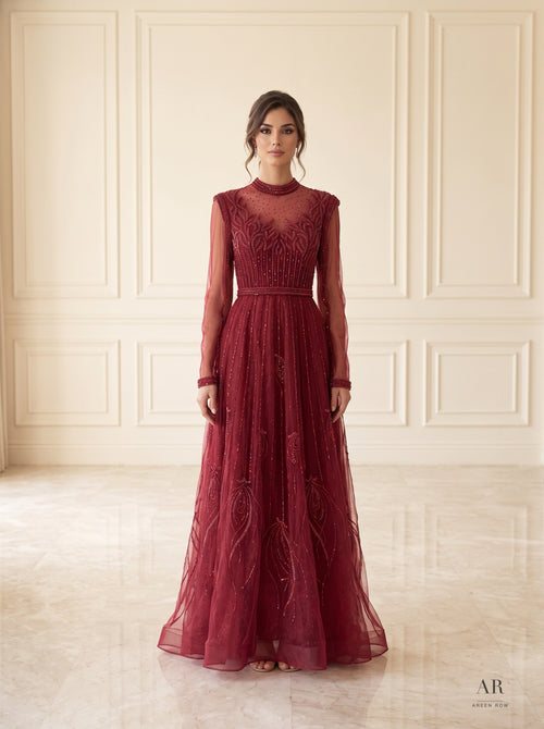 Carmen burgundy embroidered illusion tulle evening gown by Areen Row