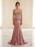 Cassia beaded corset ruched trumpet evening gown by Areen Row, front view